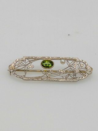 Antique 1920 14k White Gold 1ct Green Tourmaline Pearl 14k White Gold Brooch Pin