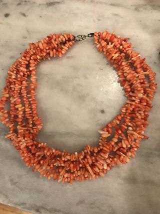 Multi Strand Pink Red Coral Necklace Natural Real Vintage Silver Clasp Shell