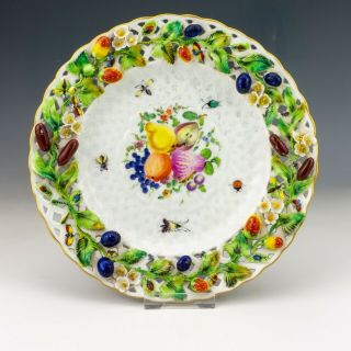 Antique Carl Thieme Dresden China - Hand Painted Relief Fruit & Insects Plate
