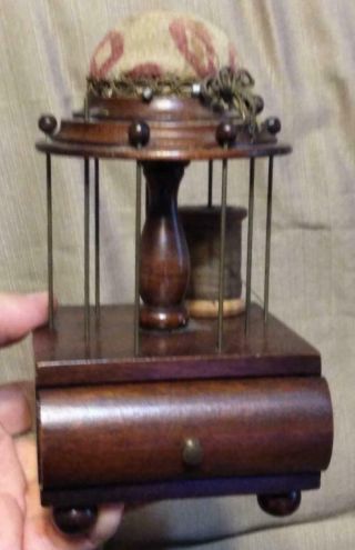 Antique Wood Sewing Caddy Pin Cushion Thread Spool Holder Thimble Needle Case