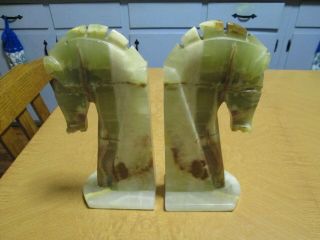 Vintage Green Jade Marble/stone Horse Head Bookends 10 1/2 " Tall