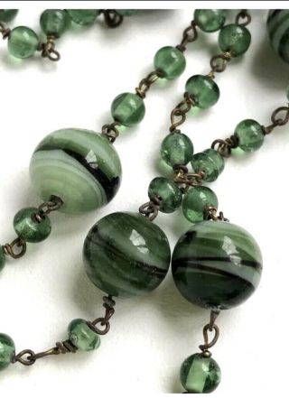 Vintage Czech Art Deco End Of Day Green Glass Bead Necklace On Wire Opera Length
