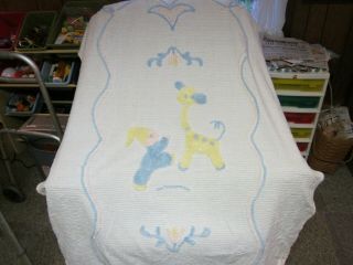 Vintage Baby Chenille Bedspread/blanket White Pink Blue Yellow