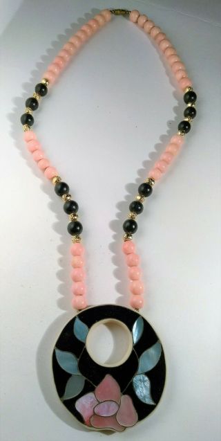 Vintage Pink Mop Mother Of Pearl Inlay Necklace Pendant Flower Floral Black 24 "