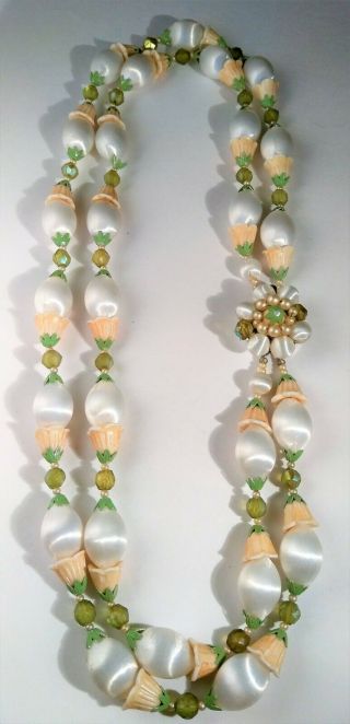 Vintage Japan 2 Strand Bead Necklace Green White Tulip Flowers Dapper Dress Up