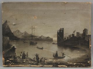 18thc Antique Monochromatic Orientalist Trade Ship Harbor Maritime Oil Painting
