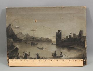 18thC Antique Monochromatic Orientalist Trade Ship Harbor Maritime Oil Painting 2