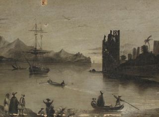 18thC Antique Monochromatic Orientalist Trade Ship Harbor Maritime Oil Painting 3