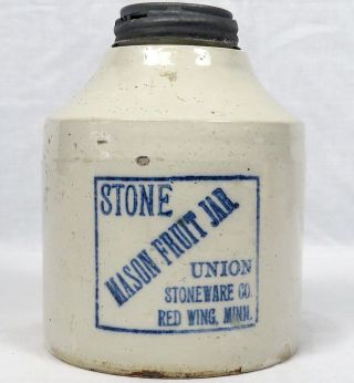 Antique Stone Mason Fruit Jar Union Stoneware Co Red Wing,  Minn Milk Glass Lid