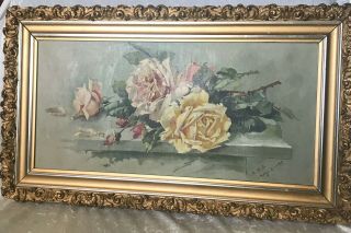 Antique 1927 Roses Oil Painting In Gold Tone Frame Signed M.  V.  B.  13 By 23