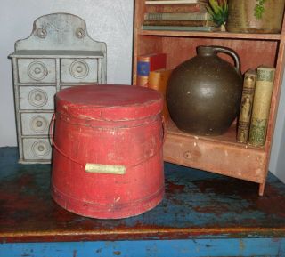 9 1/2 " Antique Firkin - Wood Sugar Bucket - Paint - Shaker Pantry Box - Primitive - Bail