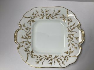Minton Porcelain Shaped Dish Raised Gold Enamel.  Prunus Blossoms Antique England