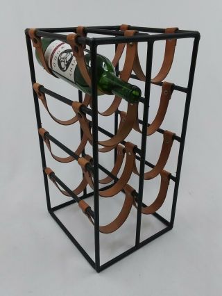 Arthur Umanoff 8 Bottle Wine Rack Holder Iron & Leather Vtg Mid Century Modern