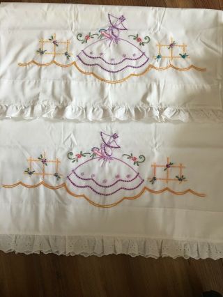 Vintage Hand Embroidered Southern Belle Pillowcases 1 Pair