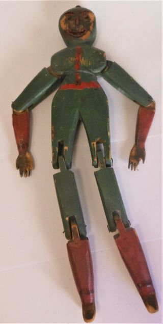 Fine Antique Painted & Carved Wood Folk Art Dancing Halloween Toy Man 10 "