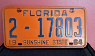 Vintage 1964 Florida Vehicle License Plate Sunshine State Tag 2 - 17803 Orange