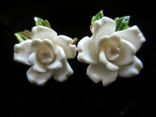 Crown Trifari White Rose Enamel Green Leaf Clip Earrings Signed Vintage