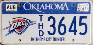 2016 Ok.  Oklahoma City Thunder Nba Basketball Team License Plate