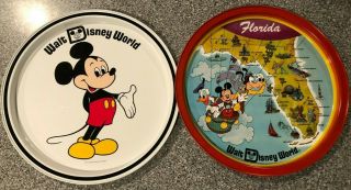 Disney Wdw Tin Plate Tray Vintage Mickey Mouse Florida The Gang Set Of Two Metal