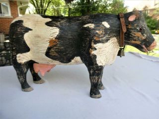 Antique Folk Art Primitive Hand Carved Wood Hand Paint Dairy Cow Glass Eyes 18 " L