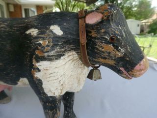 ANTIQUE FOLK ART PRIMITIVE HAND CARVED WOOD HAND PAINT DAIRY COW GLASS EYES 18 
