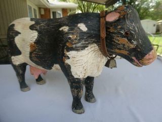 ANTIQUE FOLK ART PRIMITIVE HAND CARVED WOOD HAND PAINT DAIRY COW GLASS EYES 18 