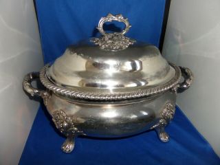 LARGE VICTORIAN LIDDED SOUP TUREEN C.  1870 SILVER PLATE HERALDIC EAGLE CREST 2