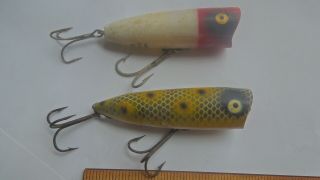 2 Heddon Chugger Spook Gold Stenciling On Frog Red White Black Tail Lopped Off.