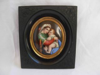 Antique French Framed Religious Hand Painted Porcelain Plaque,  Late 19th Century.