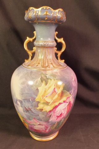 Royal Bonn 1890 Vase Hand Painted Tea Roses & Bridge W Stream Signed J.  Weinzols