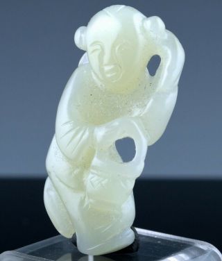 Antique Chinese Carved White Jade Boy Figure With Basket Pendant