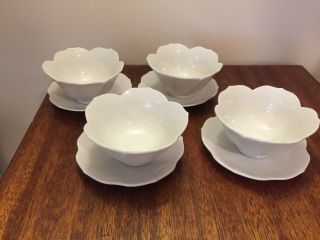 Vintage White Porcelain 4 1/2 " Lotus Rice Soup Bowls Saucers 4 1/2 " Set Of 4