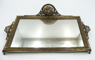 Antique 19thc French Brass & Porcelain Flower Mirror Vanity Tray 15” X 8”