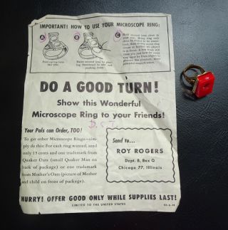 Vintage Roy Rogers Microscope Ring,  1948 Quaker Oats Premium,  & Instructions