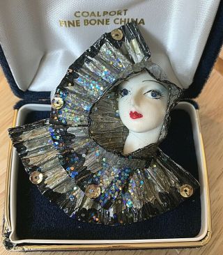 Unusual Large Art Deco Lady In Black And Silver Headdress Vintage Brooch