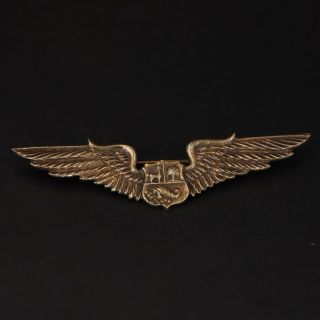 Vtg Sterling Silver - Signed Military Shield Pilot Wings Gold Brooch Pin - 13g