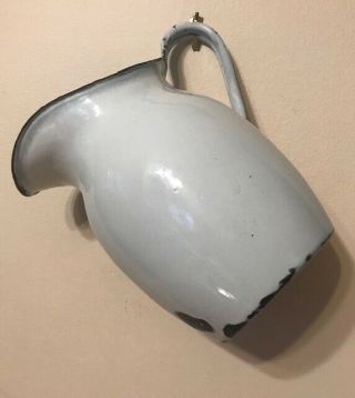 Vintage Enamelware Pitcher White Blue Jug Milk/juice/water Farmhouse Flower Vase