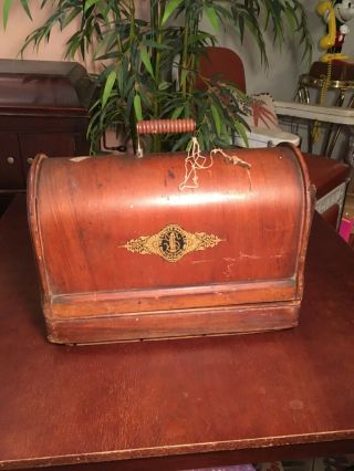 Antique Singer Hand Crank Sewing Machine Ww Wood Cover & Wood Base See Descri