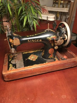 Antique Singer Hand Crank Sewing Machine wW WOOD COVER & WOOD BASE SEE DESCRI 2