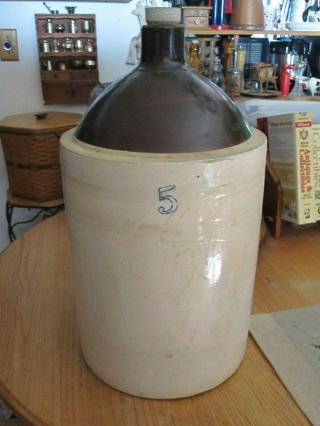 Antique Stoneware Jug Two Tone Number 5 Approx.  100 Years Old 5 Gallon Whisky Jug