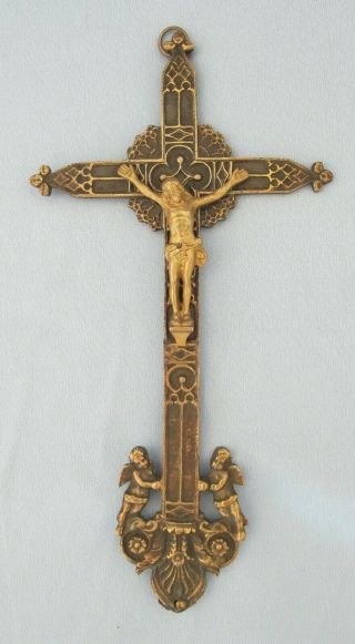 Antique French Wall Crucifix 19 Century Bronze Christ Jesus W/angels Cross