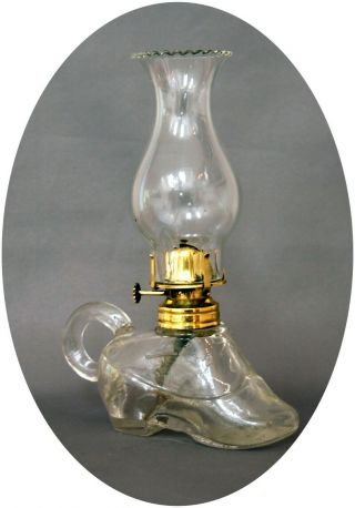 Rare Antique Atterbury Crystal Clear Shoe Miniature Oil Lamp,  S1 - 51,  Ca.  1868