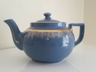 Vintage Hall China Blue And Gold Scroll Art Deco Teapot 6 Cup 05.  5gl Made In Usa