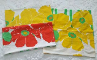 Set Of 3 Vintage King Size Pillowcases Bright Yellow & Red Floral Pattern