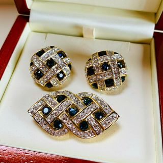 Vintage Jewellery 80s Sparkling Sapphire/clear Crystal Earrings/brooch Set