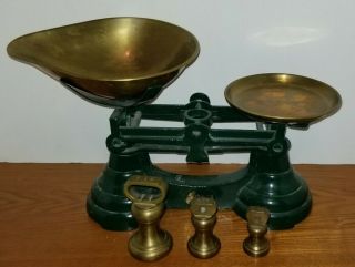 Vintage English Librasco Cast Iron Kitchen Scales Brass 3 Bell Weights