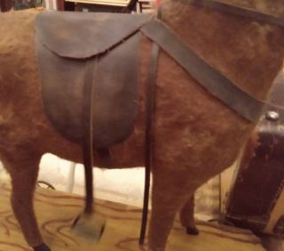 Antique Horse Pull Toy Mohair Iron Wheels Metal Stirrup Leather Saddle OBO 2