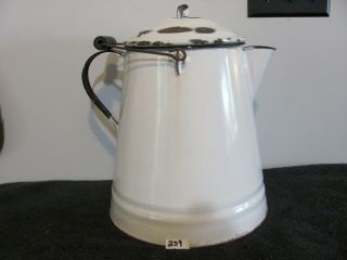 Enamel Coffee Pot Vintage White Black Trim Large Kettle Camping Display 239