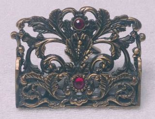 Vintage Ladies Business Card Holder For Desk Metal Brass Tone W/red Stones