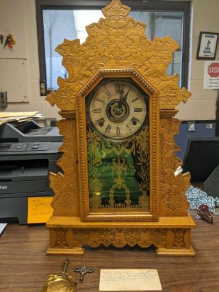 Antique Gilbert Gingerbread Clock Carved Wood Kitchen Mantel Wall Glass Etched